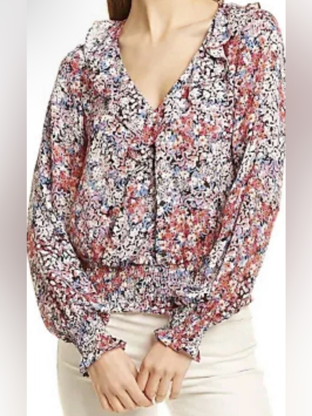 Parker Silk Multi-Color Floral Wrap Smocked Blouse - Size S
